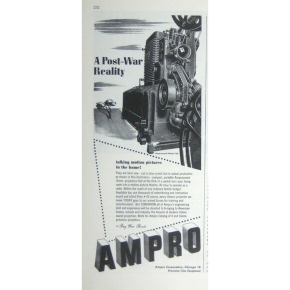 Ampro 1944 Vintage AD Projector Print Talking Motion Pictures at Home Post War - Picture 1 of 2
